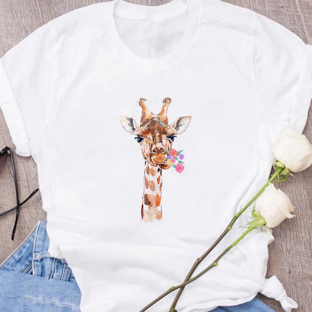 

Giraffe Eating Wild Flowers Print Women T Shirts Popular Exquisite Tumblr Short Sleeve Animated Modern Creative Spain Style
