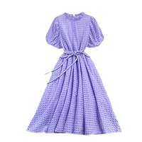 new summer women stand collar puff sleeve bandage slim dress high quality embroidery hollow out vintage cotton dress
