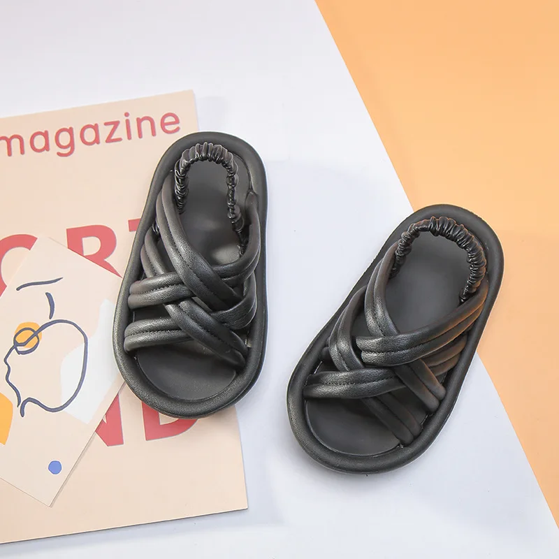 

16-20cm Candy Color Kids Sandals Simple Solid Cross Girls Boys Beach Sandals Korean Style Elastic Band Child Summer Flats Shoes