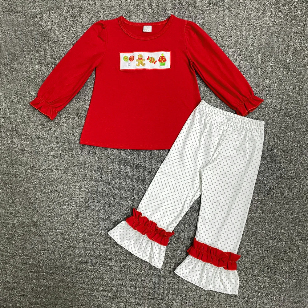 

Beautiful Pure Cotton Baby Girls Suit Red Long-Sleeved Christmas Element Embroidery And White Polka-Dot Trousers