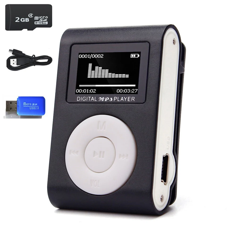 2 Гб памяти автомобиля мини USB Клип ЖК-экран MP3 музыкальный плеер Поддержка MP3-плеер USB линия передачи данных наушники спортивный металлический музыкальный плеер - Цвет: Черный