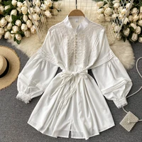 fitaylor spring new women vintage elegant beading white dress ladies mandarin collar lantern sleeve a line slim solid dresses