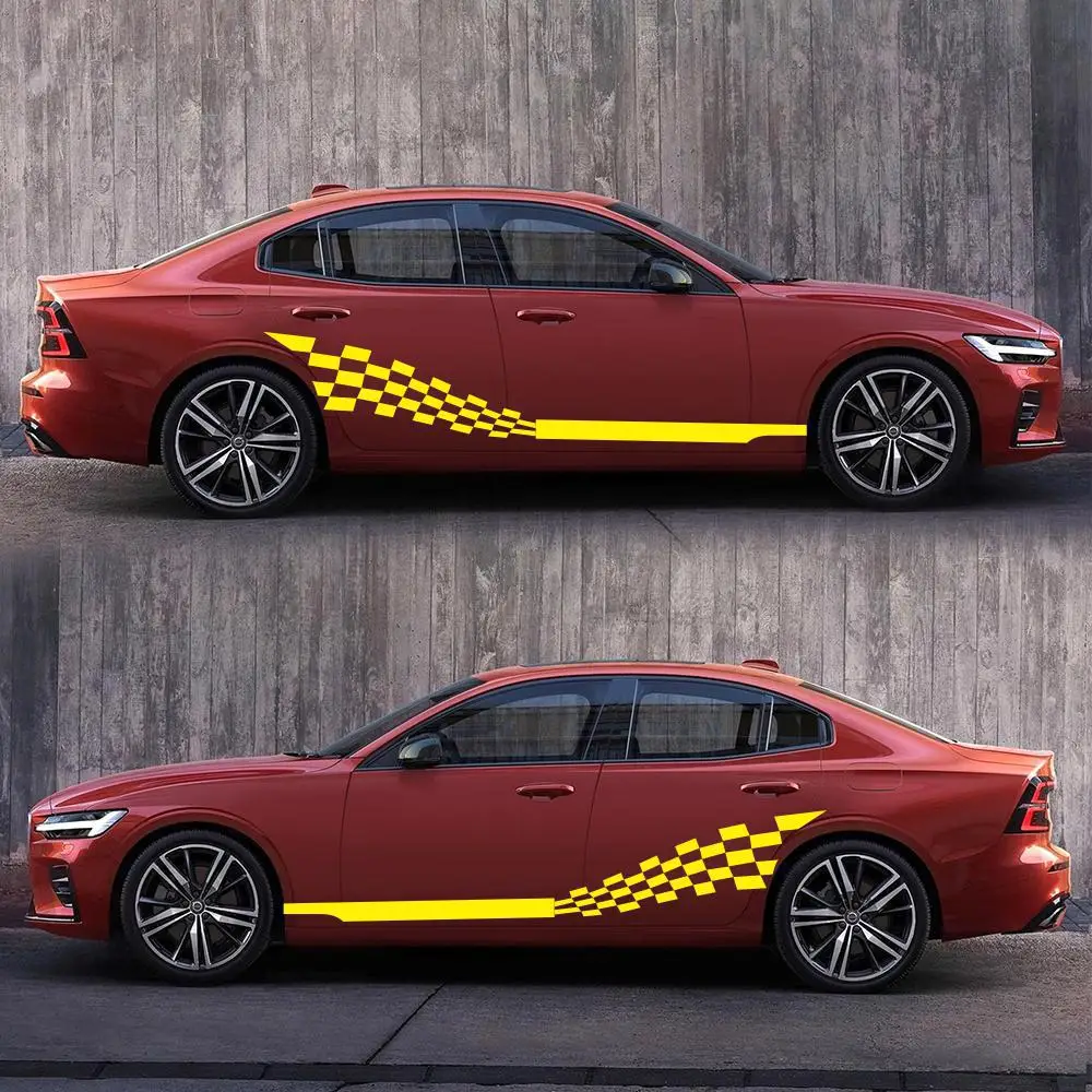 2шт 215x30см Автомобильная наклейка с обеих сторон, автоприколы в виде шахматных флагов, гоночные полосы, виниловая пленка для обертывания аксессуаров.