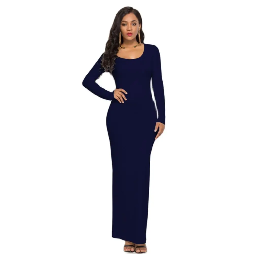

Повседневное облегающее платье женское элегантное эластичное приталенное платье макси с длинным рукавом 2021 летние однотонные Цвет с О-обр...