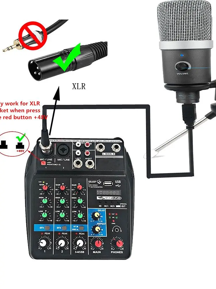 

Professional Audio Mixer 4 Channel Sound Board Console Interface Digital USB Bluetooth MP3 Computer Input 48V Phantom Power
