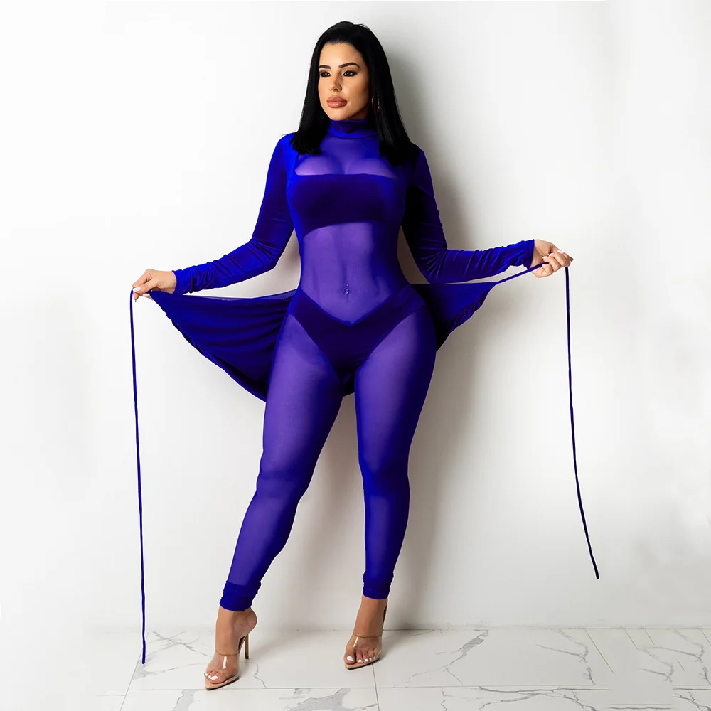 SJUYing Women's Pants Fall 2021 Fashion Sexy Skinny Mesh Velvet Patchwork Solid Color Women's Long Sleeve Zipper Jumpsuit