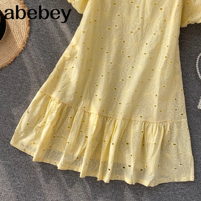 

Women Summer Hollow Dress Casual Loose Puff Sleeve Ruffles Office Dress Korean A-line Solid Streetwear Short Dress