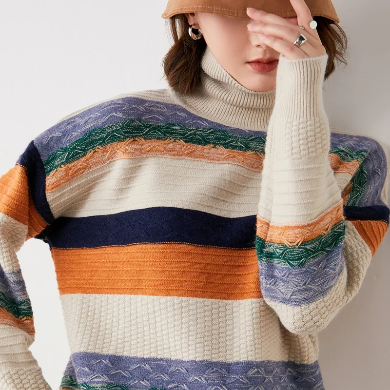 

New autumn and winter sweater women's high lapel striped color matching sweater loose casual knit bottoming shirt