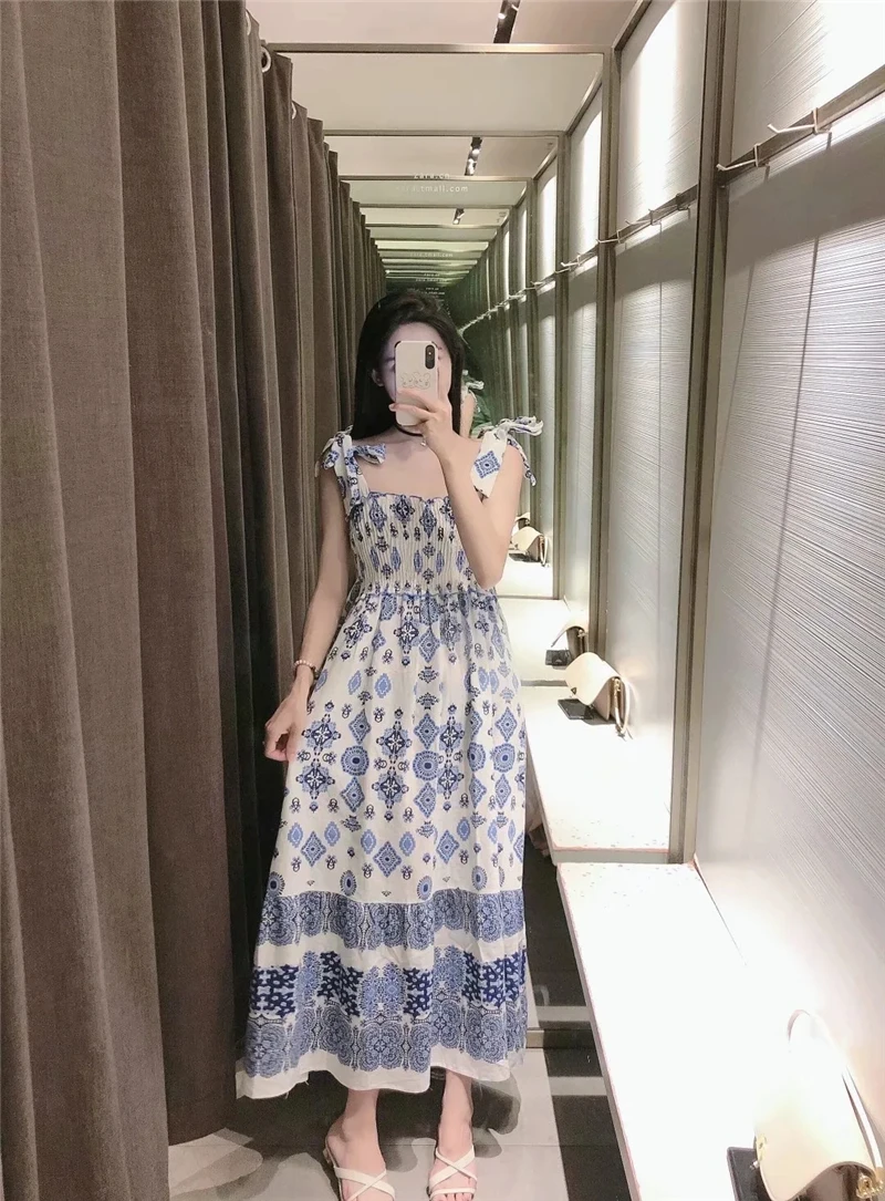 

KRSB Summer Women's Blue Blue And White Porcelain Print Pleated Elastic Wrap Chest Bow Tie Lace Dress Aline Sexy Retro Chinese