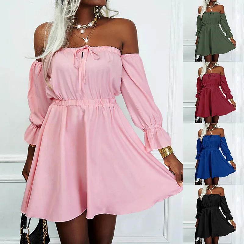 

Fashion High-waisted Dress Women's Solid Color Casual Lace-up Short-sleeved One-piece Skirt A-shaped Slim-fit Big Swing Pullover