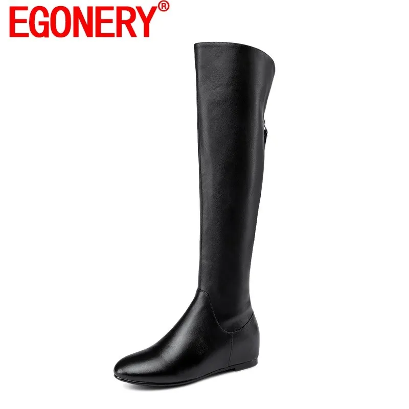 

EGONERY Women High Boots Thin Shaft Style Woman Round Toe Genuine Leather Shoes Wedges Side Zipper Winter Fashion Long Boots