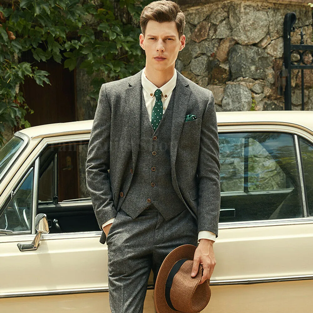 

Custom Made Woolen Green Herringbone Tweed British style Mens suit tailor slim fit Blazer wedding men suit 3pcs tuxedo