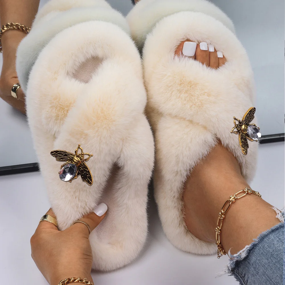 

Winter Indoor Slippers Crystal Insect Fluffy Slides Platform Faux Fur Sandals Luxury Cozy Slippers Flip Flops Casual Shoes 2021