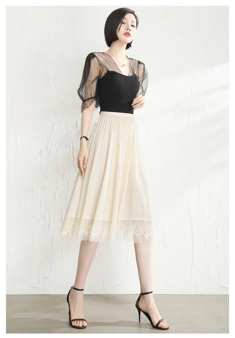 

Fashion Double Faced Mesh Pleated Skirts for Women 2021 Summer Elastic High Waist Loose Big Swing Casual Mid-long Skirt WG42