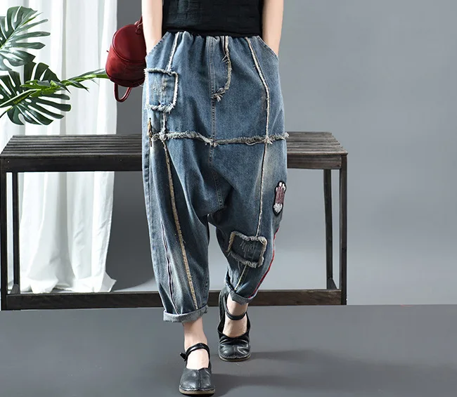 Spring Denim Jeans Women Retro Print Patchwork Sanding Wide Loose Washed Female Full-Length Cross-pants Vintage Tide Fahsion |