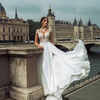 sexy v neck wedding dresses 2021 appliques cap sleeves backless with buttons slide split floor length chiffon custom made