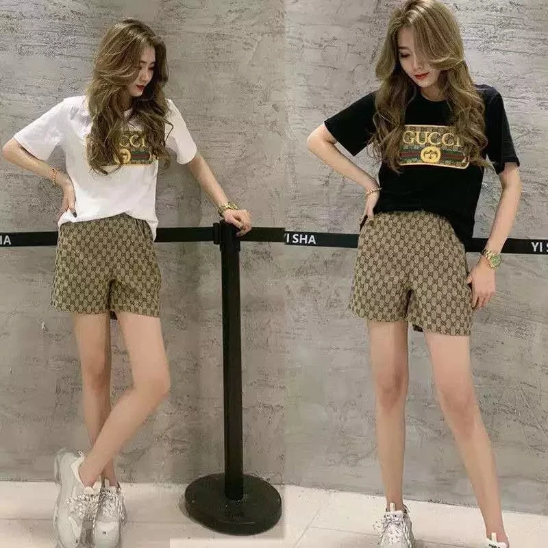 

Fashionable wide leg pants suit women's summer Elastic Waist Shorts + Short Sleeve T-Shirt
