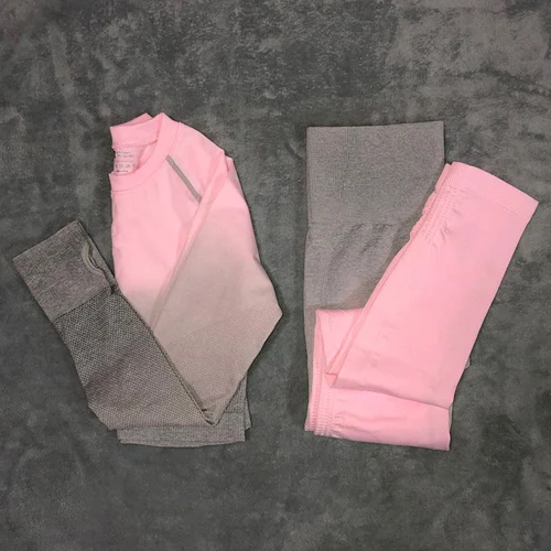 Style 1-Pink Женский бесшовный комплект для йоги из 2 предметов, спортивный костюм для фитнеса, тренировки в тренажерном зале, укороченный топ, длинный рукав, для йоги, рубашка+ Леггинсы для йоги, женская спортивная одежда - Цвет: Style 1-Pink