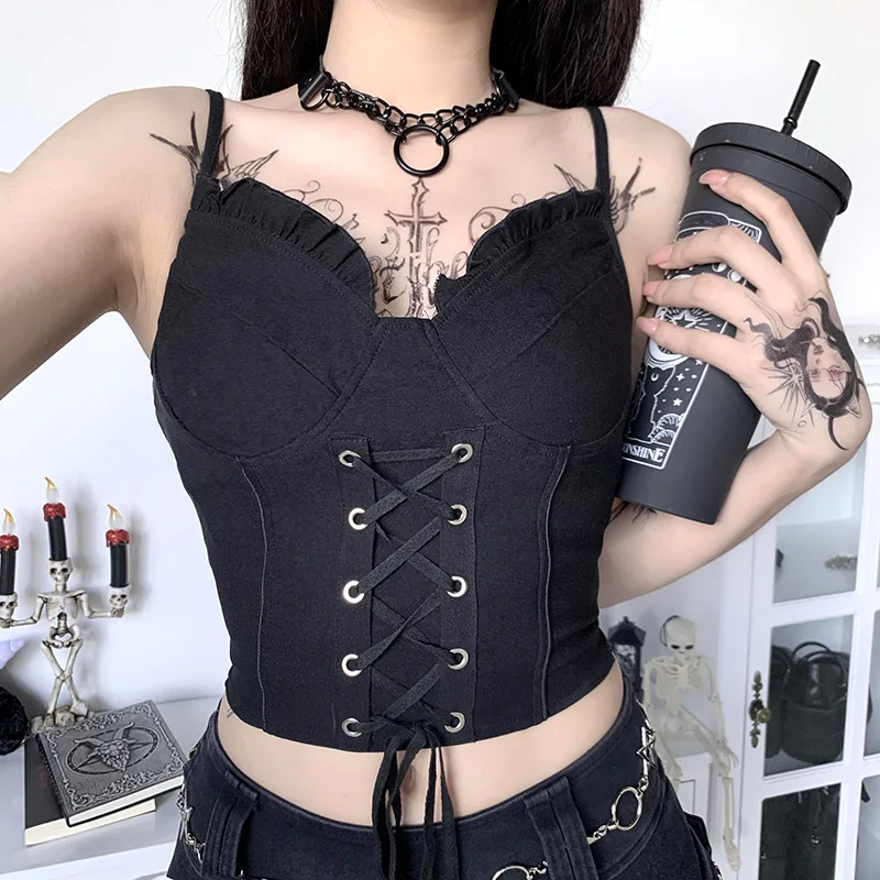 

Sexy Bandage Camis Women Gothic Black Spaghetti Strap Backless Bodycon Crop Tank Tops Female Vintage Camisoles Summer