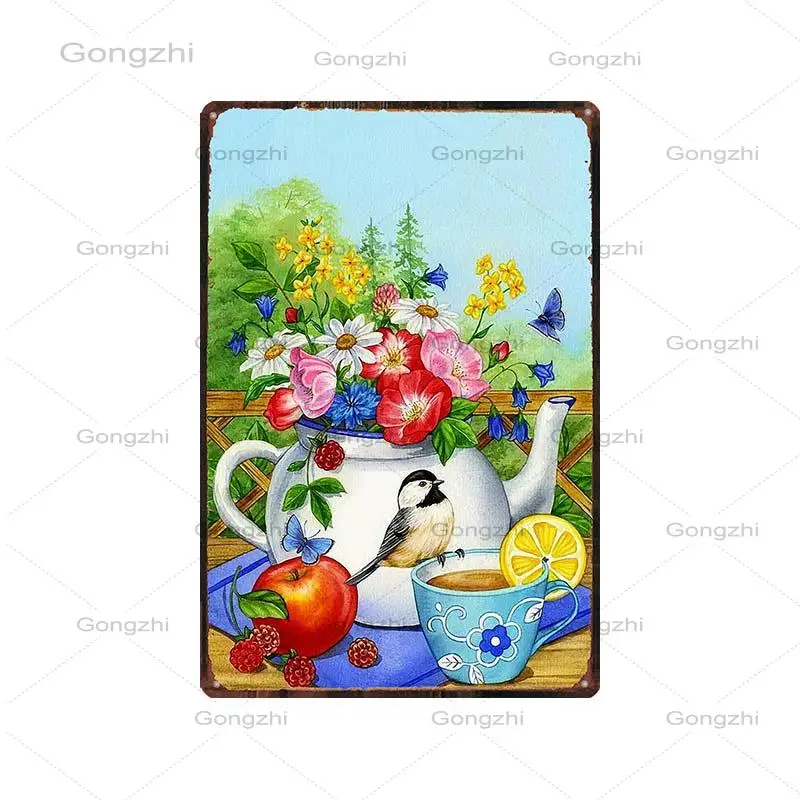 

Watercolor Garden Flower Bird Metal Sign Plaque Floral Metal Poster Garden Wall Art Decorative Retro Iron Painting Home Decor