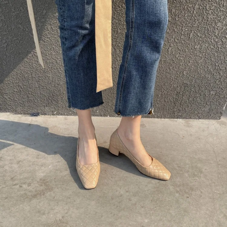 

MLJUESE 2021 Women Pumps Soft leather Autumn Spring Checkered Slip on Black color Square toe female High heels pumps