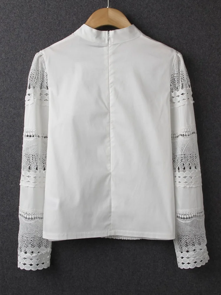 

Summer New Women Blouses Slim Bottoming Long-sleeved White Shirt Lace Hook Flower Hollow Casual Shirts Blouse