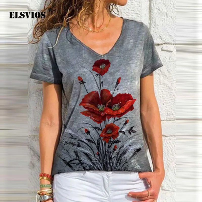

2021 Spring Women's V-Neck Short Sleeve T-Shirt Elegant Vintage Floral Print Loose Large Size Tops Summer Casual Streetwear Tees