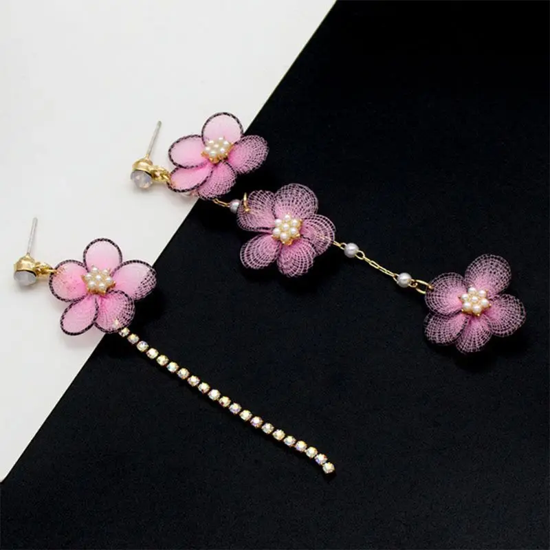 

Lace Cute Romantic Women Dangle Earrings Asymmetric Pink Flower Earrings Female Summer Long Simple Eardrop