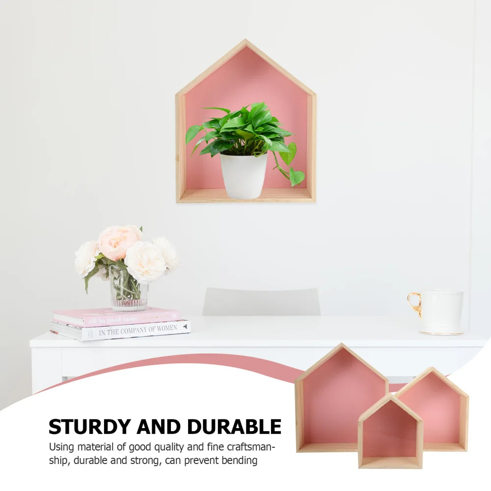 

3pcs Wood House Shape Storage Racks Multifunction Wall Shelves for Home