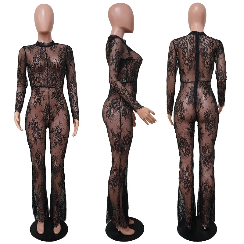 

Black Lace Sheer Long Sleeve Bodycon Jumpsuit for Women Rompers Mesh See Through Flare Pants Sexy Club One Peice Outfit hot sale