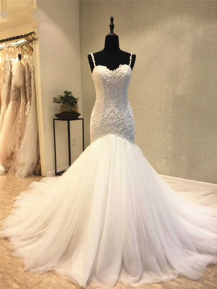 

Actual Photo Mermaid Wedding Dresses Appliqued Spaghetti Straps Lace Tulle vestido de noiva Bohemian Bridal Gowns Open Back