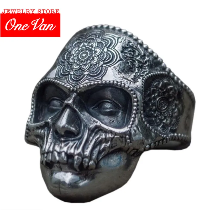 

2020 Hot Unique Heavy Sugar Skull Ring Silver Gold Color Stainless Steel Mens Mandala Santa Muerte Biker Men Ring wholesale