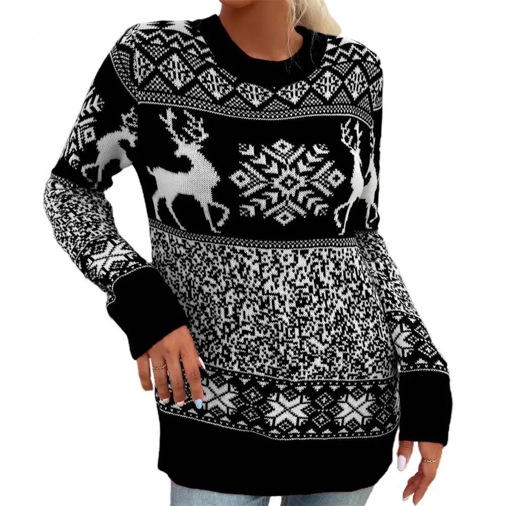 

O-Neck Long Sleeve Women 2022 New Year Christmas Sweater Knitted Elk Snowflake Print Pullover Sweater Festival Clothing Top
