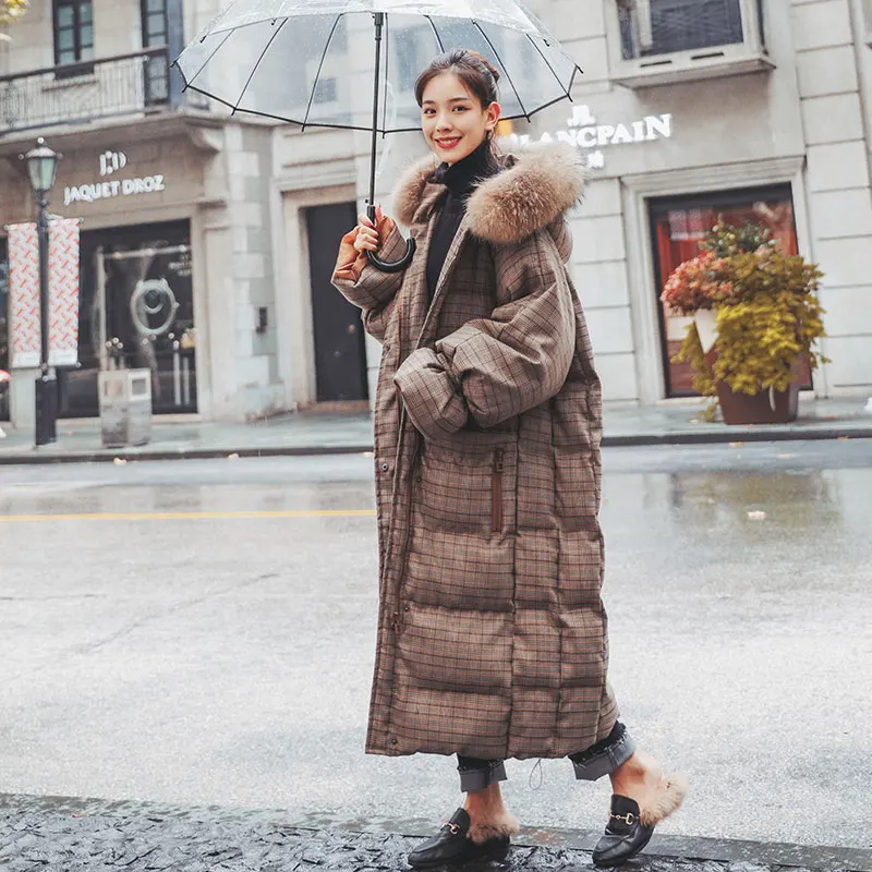New Winter Jacket Women Long Coat Plaid Parka Down Fur collar Hooded Thick Warm Cotton clothing Loose Overcoat Tide | Женская одежда
