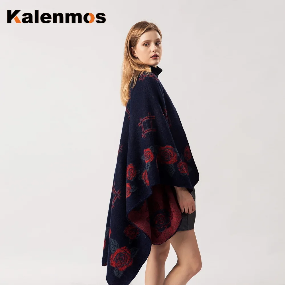 Плащ-пончо шарф Женская печать имитация розы кашемировые накидки Национальный