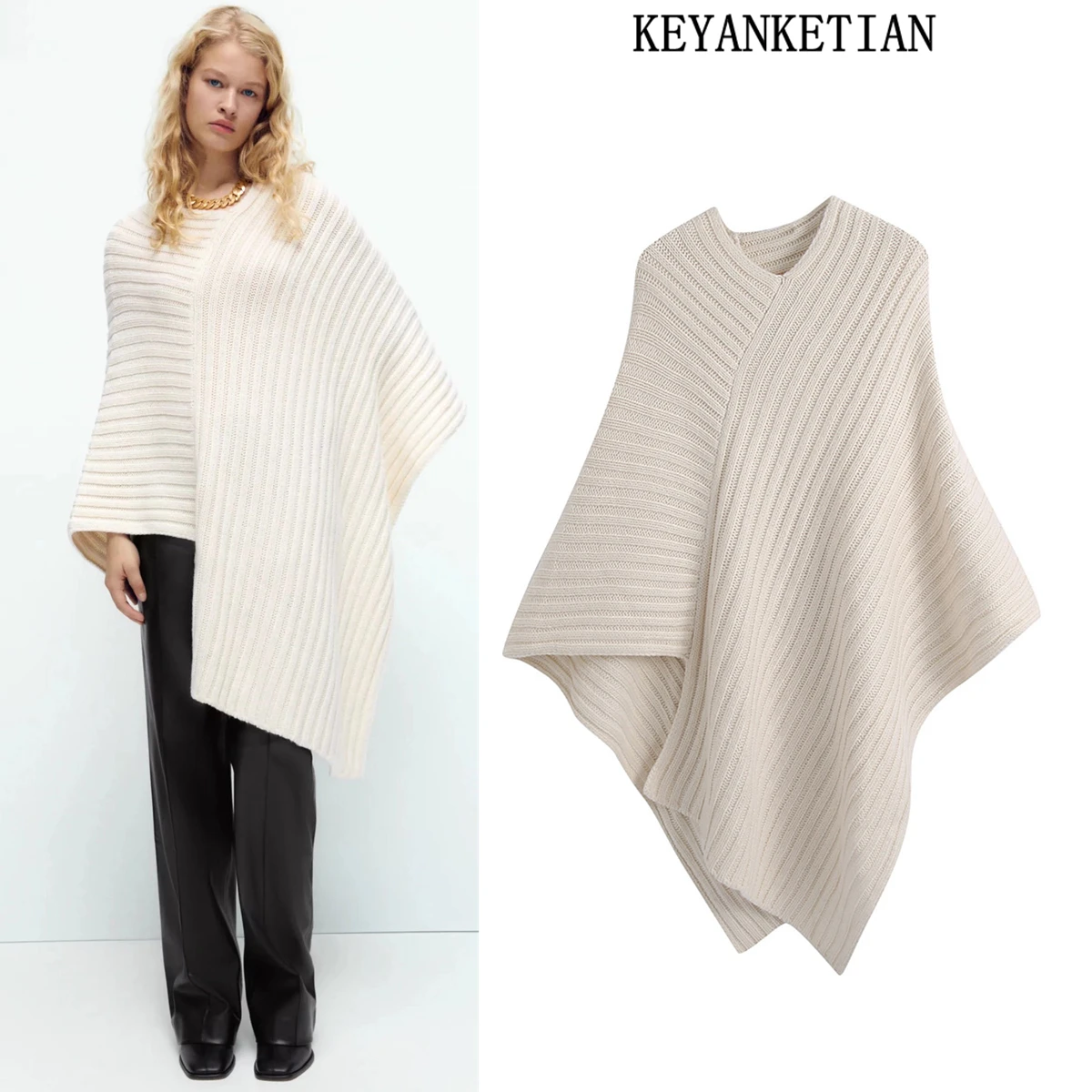 

KEYANKETIAN ZA Lazy style spring and autumn new women's clothing fashion elegant chic versatile loose asymmetric shawl sweater