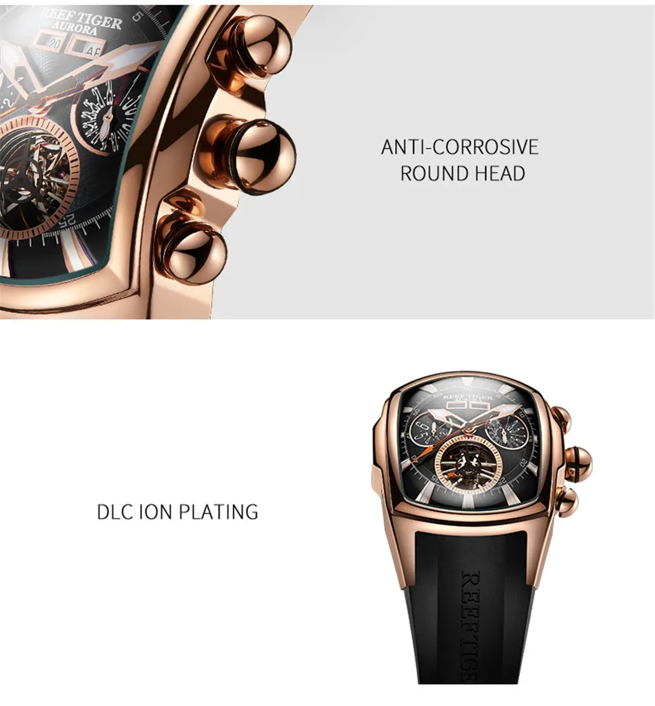 Топ бренд Reef Tiger Reloj Hombre Роскошные Tourbillon циферблат автоматические часы с резиновым ремешком механические водонепроницаемые мужские часы даты Relogio Masculino+ подарок