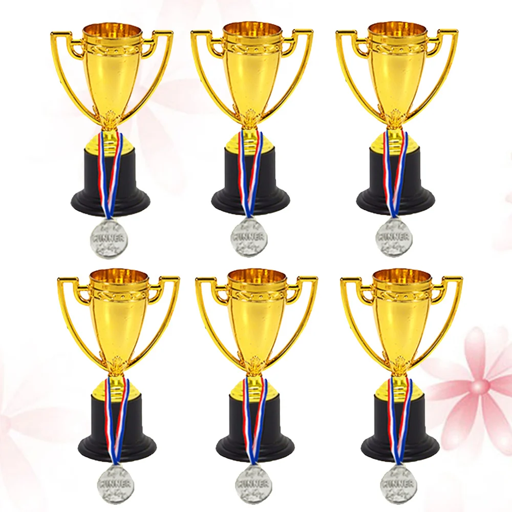 

12pcs Mini Gold Cups Trophy and Award Medals Prizes Small Medals Gift Awards Trophy Toys for Students Sport(6pcs Trophie