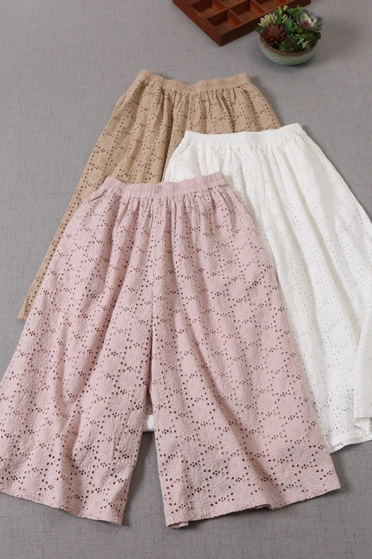 

Summer new hollow out embroidery wide leg pants Japan style Mori Calf-length pants