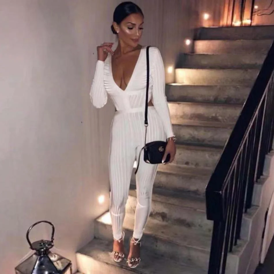 2020 Autumn New Designer Party Fashion Long Sleeve White Sexy Lady Deep V-neck Halter Bodycon Tight Bandage Jumpsuit |