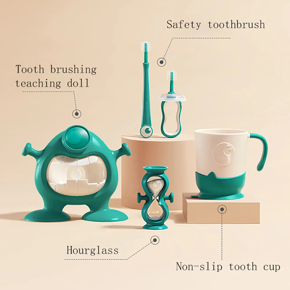 

BC Babycare 5pcs/set Baby Soft-bristled Silicone Toothbrush Cute Timing Training Toothbrushes Baby Dental Care ToothBrush+Cup