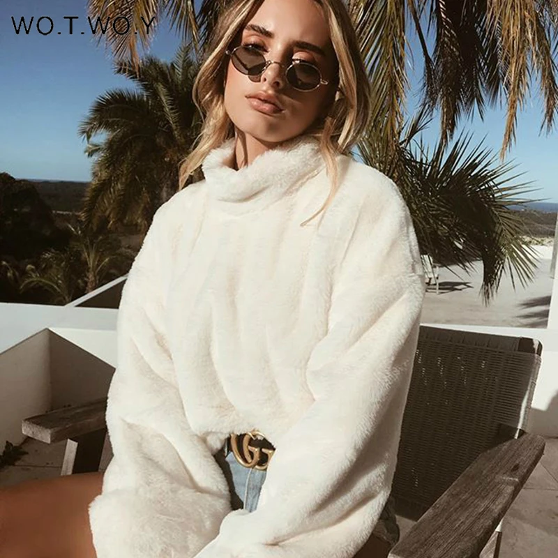 WOTWOY водолазка из овечьей шерсти укороченные куртки для женщин мягкое теплое