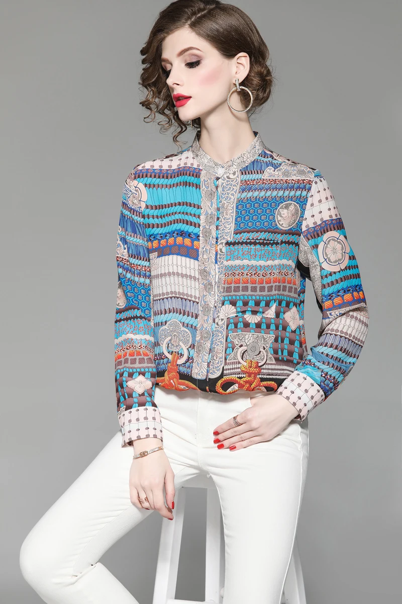 

100% Pure Silk Women's Runway Shirts O Neck Long Sleeves Printed Elegant Fashion Casual Shirt