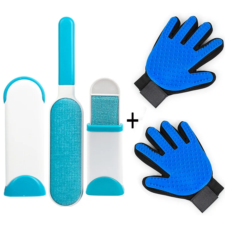 gloves set-blue Набор для чистки домашних животных, удивительное предложение, перчатка для ухода за домашними животными, щетка для удаления волос, мягкие массажные перчатки для домашних животных, идеально подходят для собак, кошек - Цвет: gloves set-blue