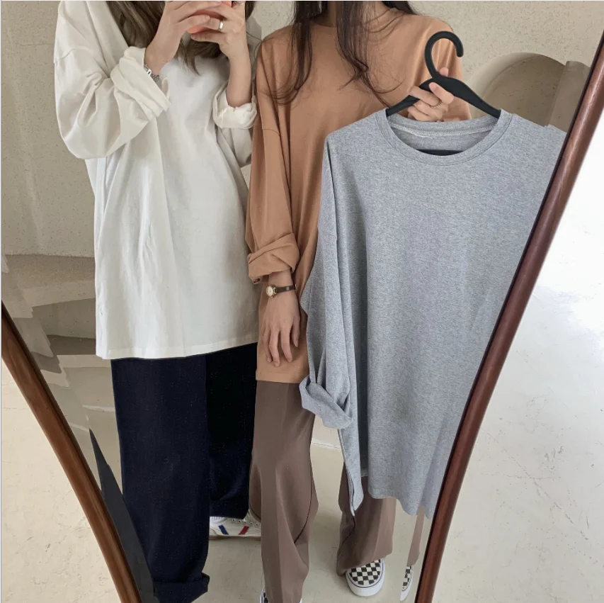 

New Women Spring Autumn T-shirt Pullover Solid Color Bottoming Basic Oversize Wild Fashionable Minimalist Hem Split Tops