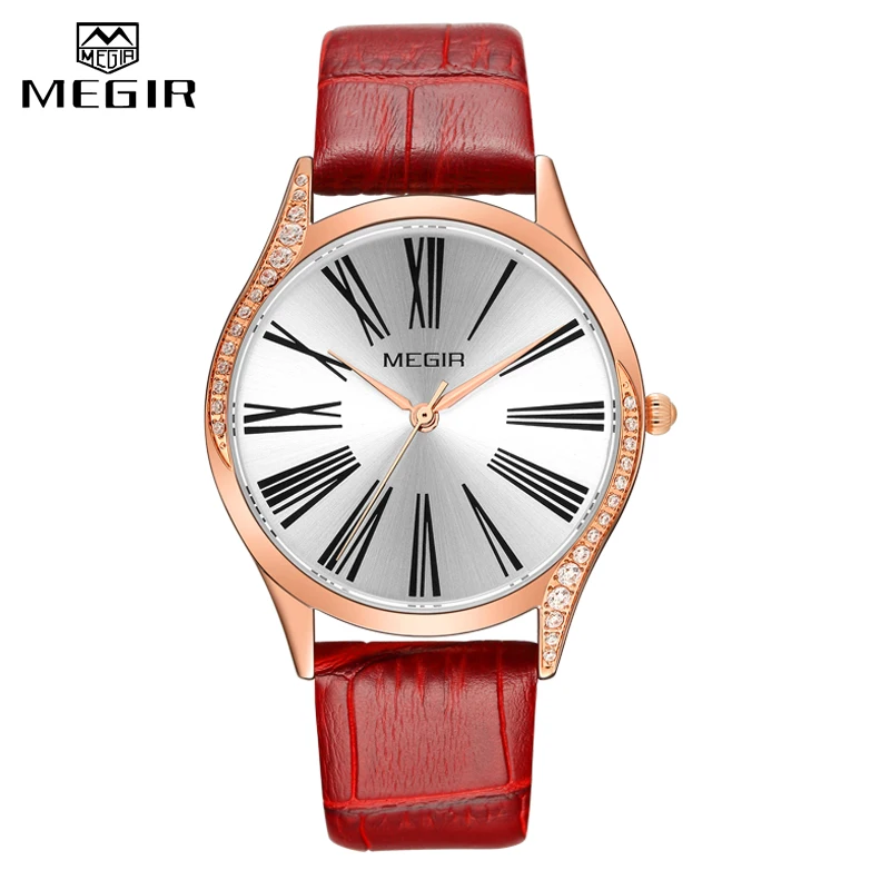 Red MEGIR женские часы Топ люксовый бренд Модные женские кварцевые Наручные повседневные часы, кожа водонепроницаемые женские часы Relogio Feminino - Цвет: Red