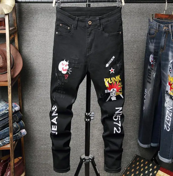 

Мужские джинсы с вышивкой и буквами, оригинальный дизайн, брюки, новые европейские и американские эластичные черные облегающие брюки с дырками
