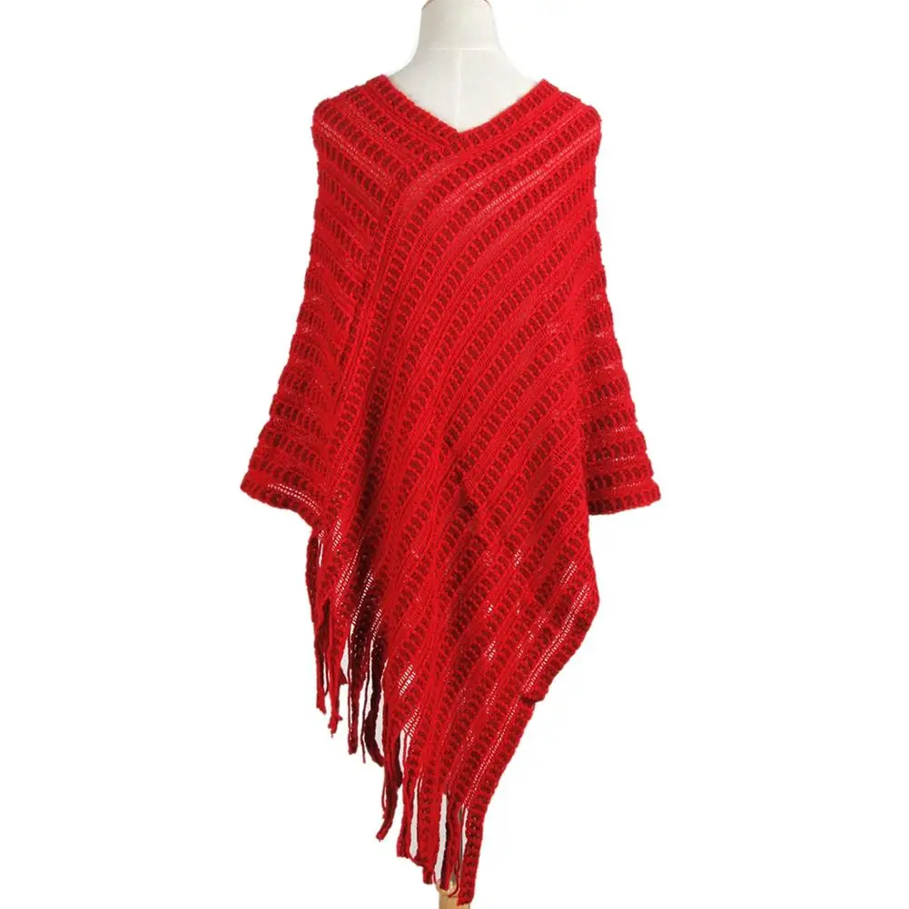 Новое дамское зимнее теплое пальто полосатая шаль с бахромой вязаный свитер плащ