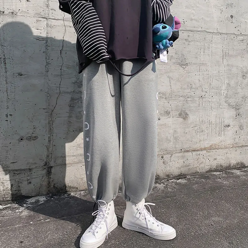 

INS Retro Gray Sports Pants Female Sweatpants 2021 Summer Harajuku Style BF Straight All-Matching Loose Ankle-Tied Long Pants