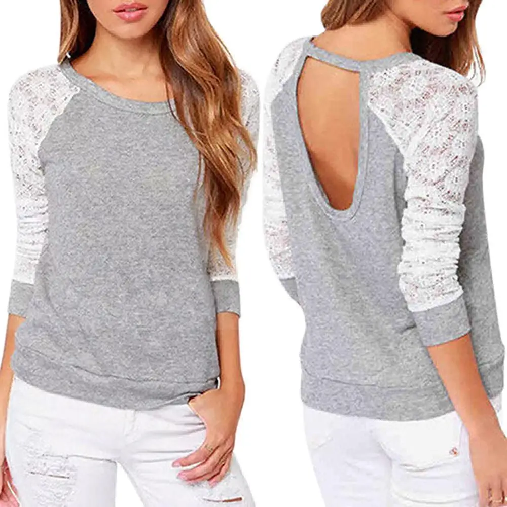 

Women's Long Sleeve Sexy Lace T-Shirt Backless Embroidery Knitted Tops Pullover